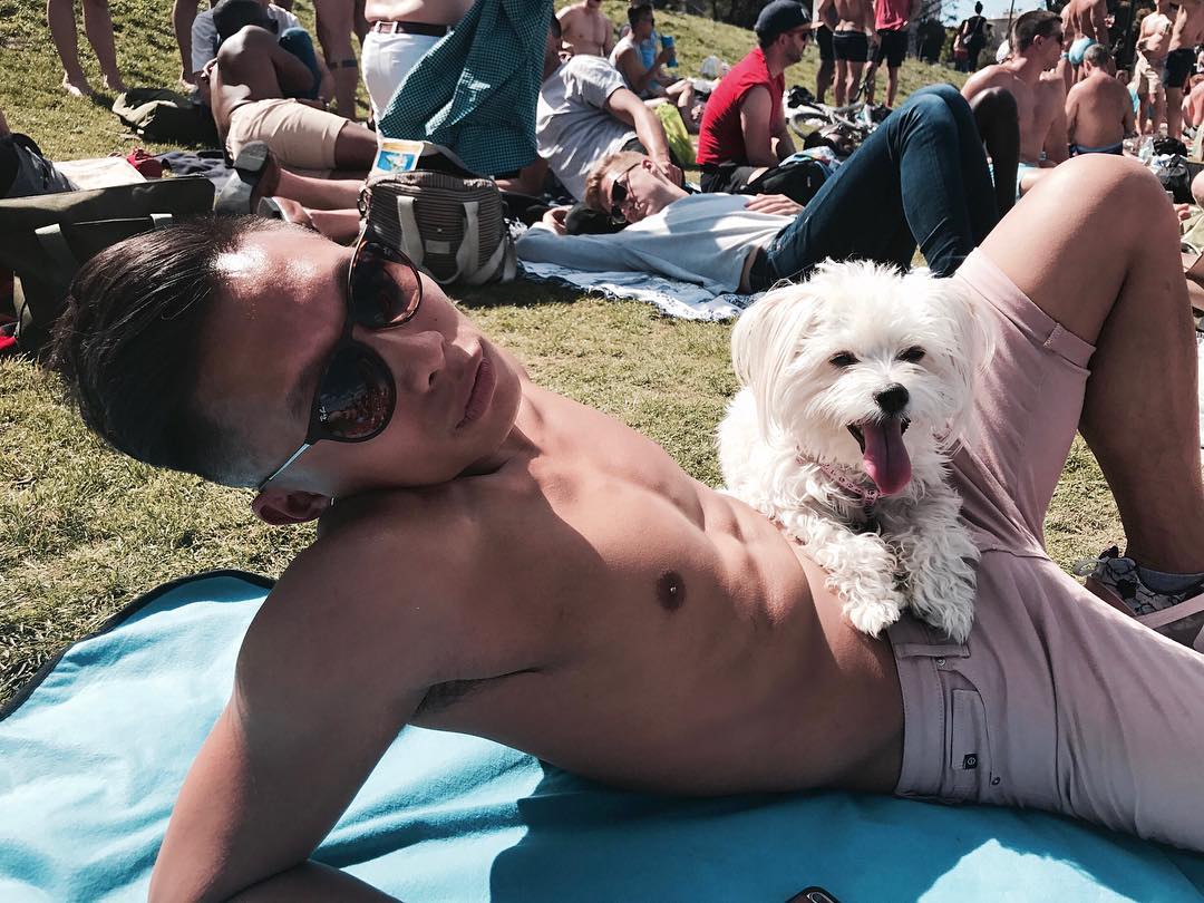 Pig, a fluffy white maltipoo with tongue out, perched on Beatus as he lounges on a picnic blanket at a sunny park